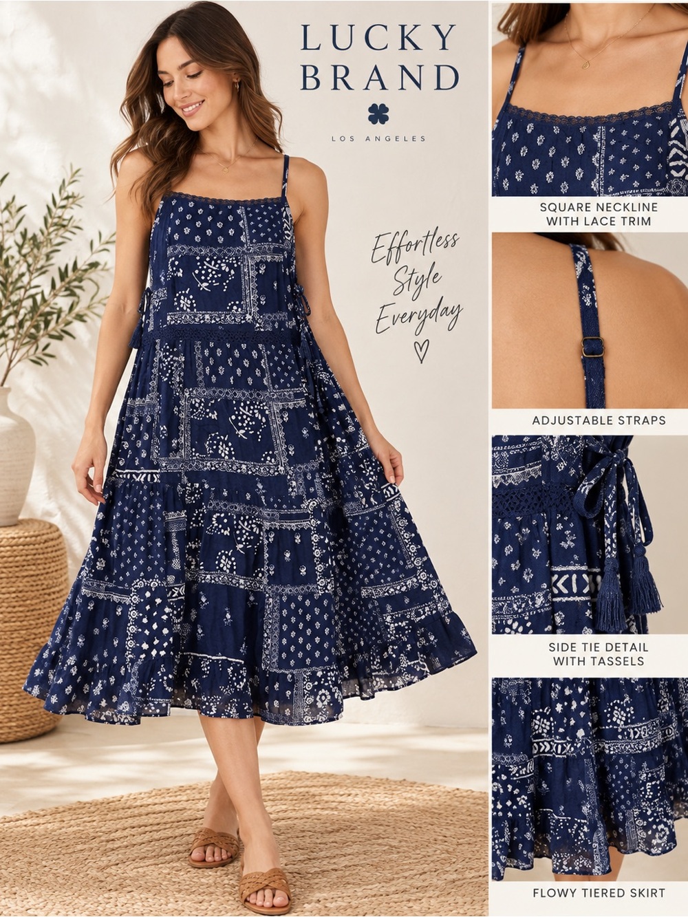 Lucky Brand Navy Bandana Print Boho Midi Dress Size L